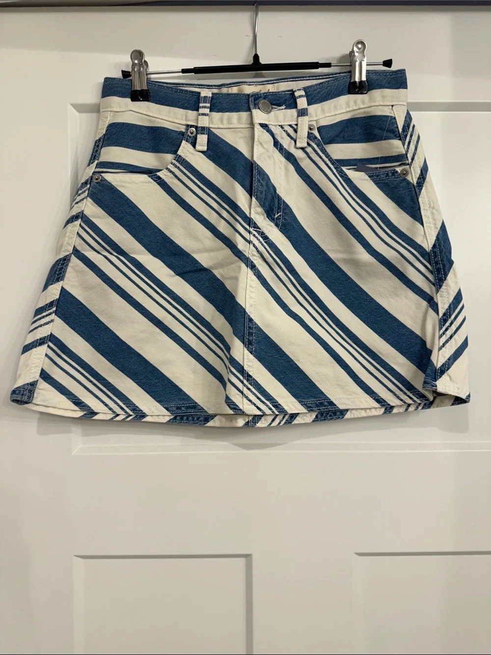 Universal Thread Blue & Cream Diagonal Stripe A-Line Mini Skirt